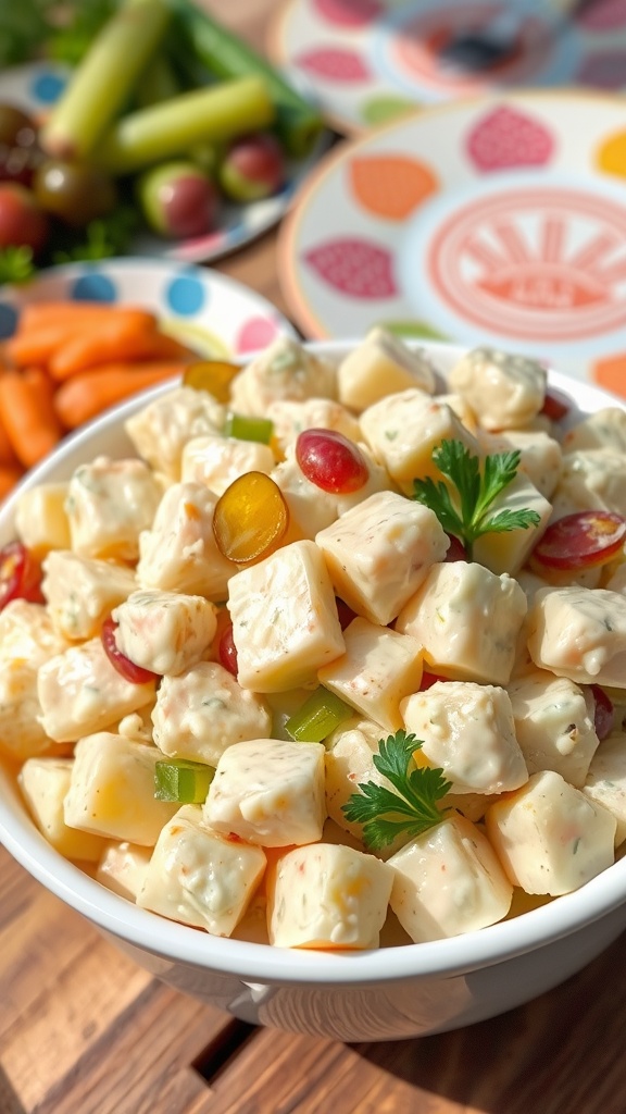 Classic Creamy Potato Salad Recipe A bowl of creamy potato salad with celery, pickles, and parsley in a rustic picnic setting.
